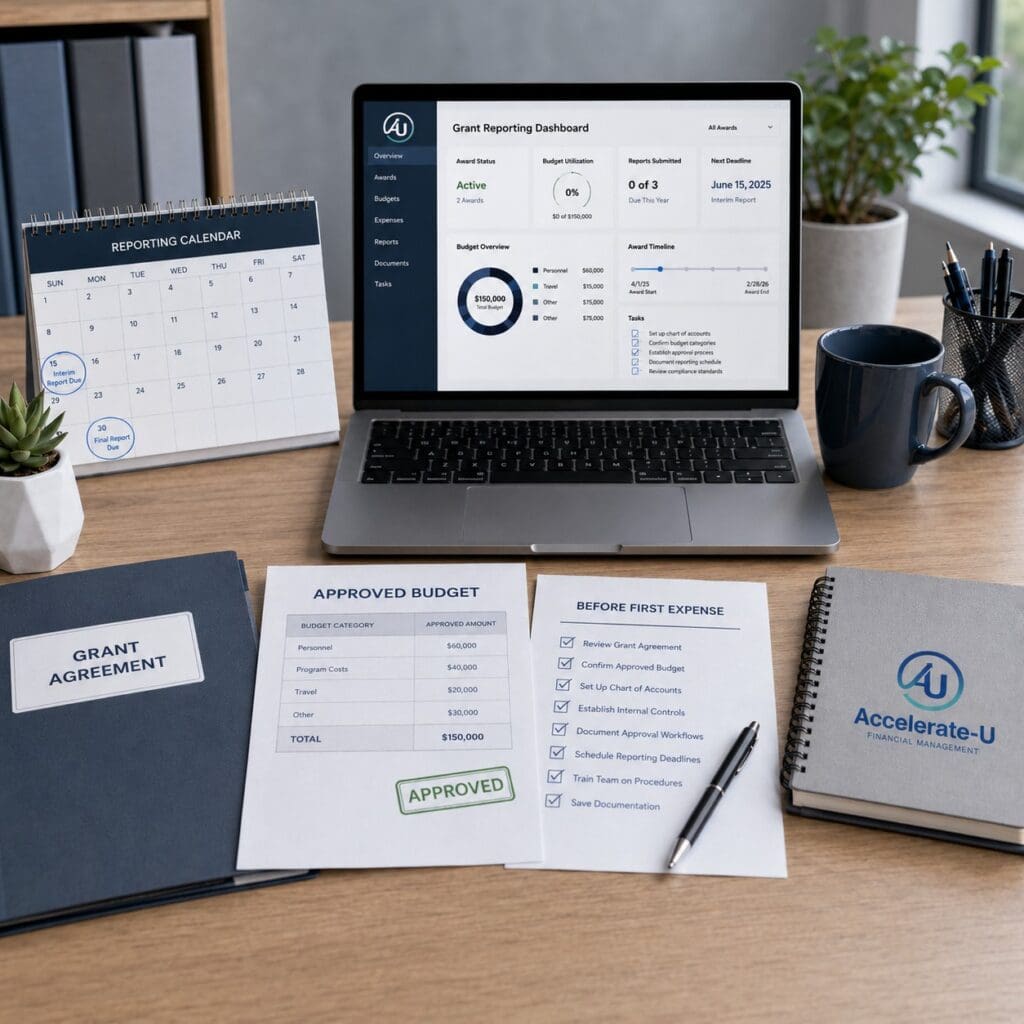Workspace with approved budget, laptop, calendar